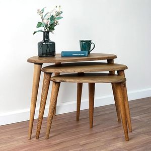 Juego de 3 Mesas Auxiliares Modernas de Mediados de Siglo, de Madera de Nogal Sólido, con Superficie de Mesa Pebble, para Sala de Estar, Regalo de Inauguración de Casa - Product Image 2