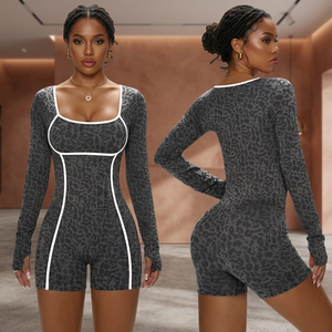Combinaison de sport/yoga Glamouroux pour femme, en Spandex/Nylon extensible, à manches longues, froncée aux fesses, imprimé animal, respirante, pour fitness, OEM - Product Image 2