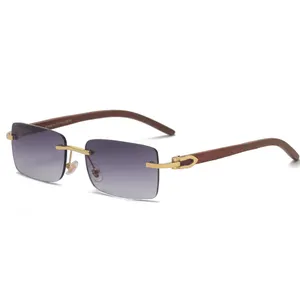 Manufacturers Sunglasses Design Newly Arrival Metal Hinge Wooden Arms No Frame Rimless Colorful Lenses Sunglasses