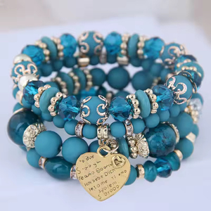 Bracelet extensible porte-bonheur paix plaqué or Bracelets de fête Boho rétro 4 couches amour coeur gland cristal Bracelet perlé - Product Image 3
