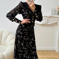 Robe longue vintage à fleurs pour femme avec col à volants à la française, manches longues et taille haute
