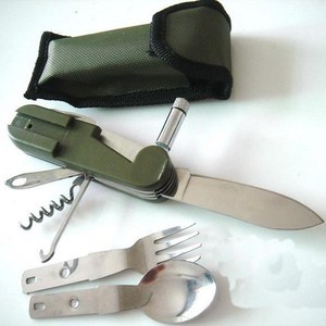 Outil multifonction de survie, couteau, fourchette et cuillère en acier inoxydable avec étui, équipement de camping en plein air - Product Image 1