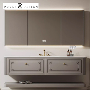 Meuble de salle de bain à vasque intégré en céramique de style crème française <span class=keywords><strong>armoire</strong></span> de salle de bain personnalisée en bois massif contreplaqué <span class=keywords><strong>avec</strong></span> <span class=keywords><strong>miroir</strong></span> - Product Image 1