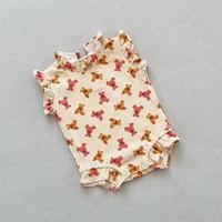 Barboteuse d'été à manches courtes pour bébé fille, imprimé animaux de dessin animé, en tissu gaufré, adorable combinaison de ramper élégante pour nouveau-né, coupe triangulaire