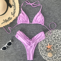 Custom Paars Bikini Badmode Franje Trim Sexy Padded Bikini Micro Bh Bikini Hoge Cut Bottom Beachwear