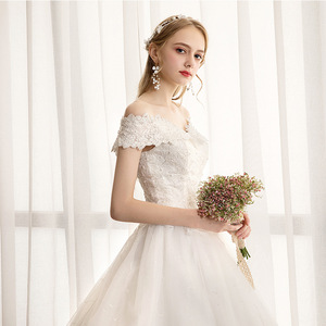 French Hepburn Style Wedding Dress White Off The Shoulder Ball Gown Empire Waist Vintage Train Bride Dress - Product Image 3