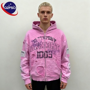 QZFSO en détresse lavé épais coton hommes Vintage sweat zippé écran personnalisé DTG impression lourd Sunfaded sweat à capuche - Product Image 1