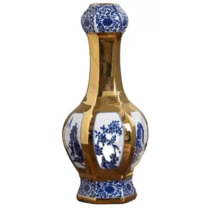 中式家居装饰复古景德镇青花瓷六角花瓶配金色装饰