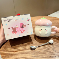 Mug en céramique Kawaii à la fraise, tasse à café esthétique, passe au micro-ondes, avec couvercle et cuillère, cadeau d'anniversaire mignon pour petite amie