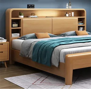 Hemat Ruang Bingkai Tempat Tidur Kayu Tempat Tidur Ganda Nyaman Desain Tempat Tidur Ganda Praktis dengan Penyimpanan