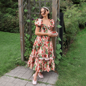 Dâu Tây in Puff tay áo cổ vuông mở trở lại ren TRIM tầng Ruffle thanh lịch cổ điển mùa hè vườn bên maxi phụ nữ Ăn mặc - Product Image 2