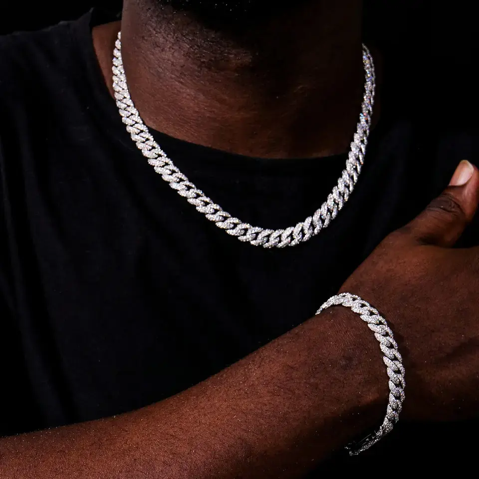 Hip Hop 18MM VVS Moissanite Iced Out Diamond Silver Color Chain Necklace Bracelet 925 Silver Men Necklace Miami Cuban Link Chain