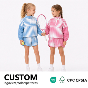Conjunto de Ropa de Poliéster Certificado por CPC y CPSIA para Niñas, Chaqueta Deportiva con Media Cremallera a Rayas, Pantalones Cortos Deportivos, Traje para Senderismo y Viajes - Product Image 1