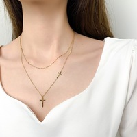 Collier ras-de-cou unisexe en acier titane à mailles fines, double couche, motif croix rouge et diamant, style bambou, sportif, style Mori, polyvalent, idéal pour un cadeau