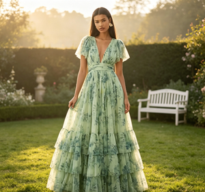 Abito da Sera per Donna con Stampa Floreale, Vestito Lungo in Tulle con Scollo a V Profondo, Maniche Corte a Sbuffo e Balze, Ideale per Ospiti di Matrimonio - Product Image 1