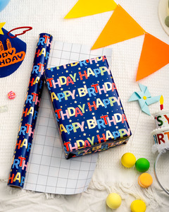 Original design customizable design for daily-use boy pet <b>blue</b> gold-stamped birthday gift wrapping <b>paper</b> - Product Image 2