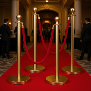 4 postes de acero inoxidable con base hueca dorada y cuerdas de terciopelo rojo para control de multitudes, alfombra roja y suministros para fiestas - Product Image 2