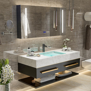 Mueble moderno de lujo con diseño flotante, encimera de piedra de <span class=keywords><strong>roca</strong></span>, fregadero de cerámica, armario de baño, espejo LED, juego de tocador con cajones - Product Image 2