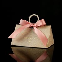 Sac cadeau de mariage scintillant champagne, boîte à bonbons nuptiale avec poignée perlée et nœud en satin, emballage de luxe pour fête de mariage/anniversaire