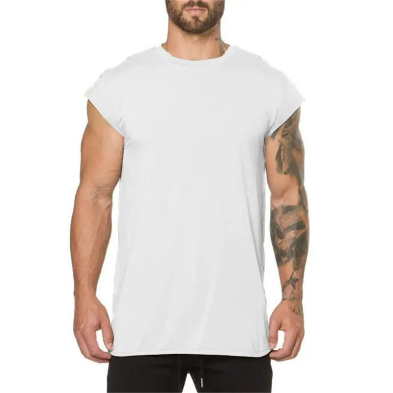 T-Shirt sans manches de couleur unie pour homme, vêtement de Gym basique, ourlet du dos, Long, respirant, Slim Fit, sport, manches courtes, été