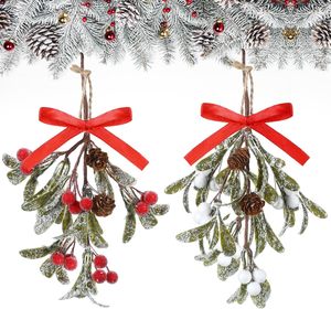 Natale vischio con fiocco rosso Natale appeso Bouquet floreale naturale pigne decorazione della parete per le vacanze - Product Image 1
