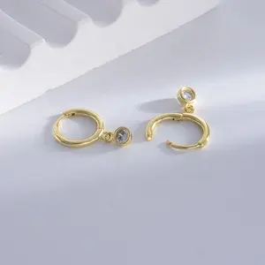 18K Gold Pendant Huggies Earrings 925 Sterling Silver Round Zircon Hoop Earring