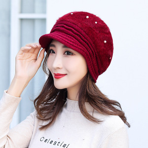 Winter Rabbit Fur Beret Women Pearl Decorated Fleece Lined <b>Warm</b> <b>Hat</b> For Winter - Product Image 3