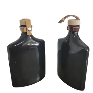 Retro Leather Straps Well Sealed Hip Flask Large Ceramic Pocket Flasks Wine Bottle with Cork Stopper 11oz