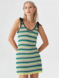 Abito Elegante Primaverile da Donna 2025 Personalizzabile OEM&ODM con Effetto Uncinetto e Cuciture a Righe a Contrasto - Product Image 1