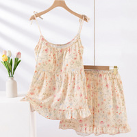 Pyjama d'été floral en pur coton sans col pour femme, ensemble caraco et short avec coussinets de poitrine, en gaze fine 121-140g/m, tenue d'intérieur douce