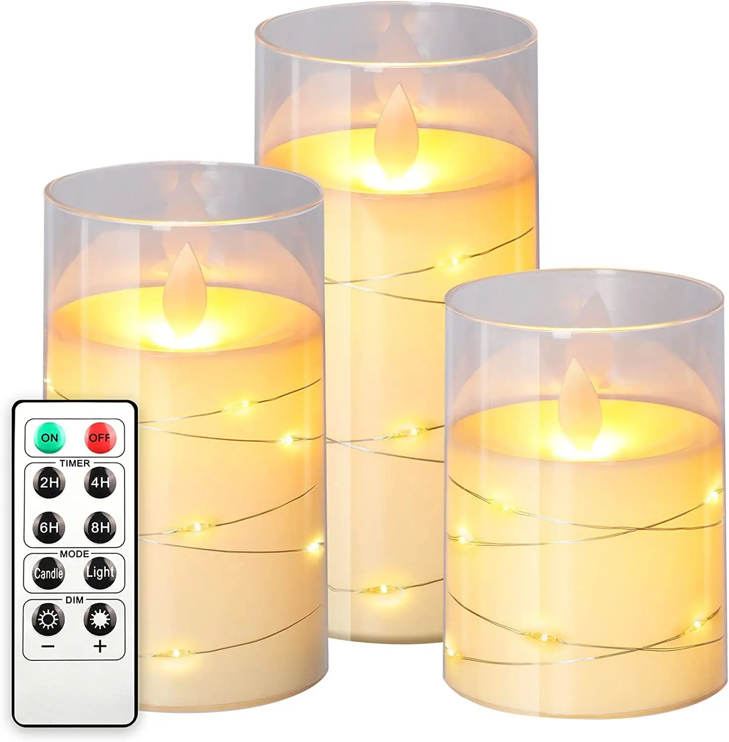 Bougies sans flamme en verre acrylique bougies de pilier de puissance à piles LED scintillantes avec bande de LED pour la décoration de la maison