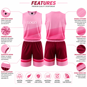ชุดบาสเก็ตบอลสีชมพูแบบยูนิเซ็กซ์ พิมพ์ลายโลโก้ตามสั่งด้วยเทคนิค Sublimation ผ้าโพลีเอสเตอร์ระบายอากาศได้ดี ชุดกีฬาสำหรับทีม  ไซส์ผู้ใหญ่ สั่งทำได้ - Product Image 5