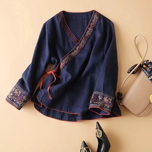Embroidered Cotton Linen Top Women Loose Fit V Neck Diagonal Placket Purple Ethnic Style Tea Dress - Product Image 4