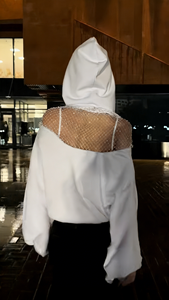 Abbigliamento Femminile, Felpa <span class=keywords><strong>Oversize</strong></span> con Strass e Rete Traforata sulle Spalle, Maniche a Pipistrello, Vestiti Sexy per Donne - Product Image 2