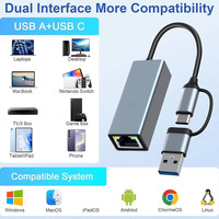Adaptateur USB-A Type-C 2 en 1 en aluminium 10/100/1000 Mbps USB3.0 USB 3.1 Type-C vers RJ45 Gigabit Ethernet Carte réseau LAN