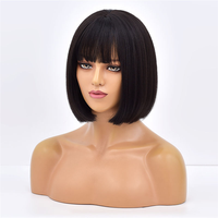 Perruque en cheveux humains élégante et tendance, courte, noire, de 12 pouces, fabriquée à la machine, avec frange pour femmes