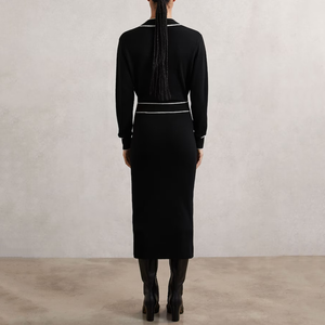 <span class=keywords><strong>Robe</strong></span> midi élégante <span class=keywords><strong>noire</strong></span> en maille pour femme, col en V, passepoil contrastant, manches longues, style <span class=keywords><strong>pull</strong></span> moulant - Product Image 4