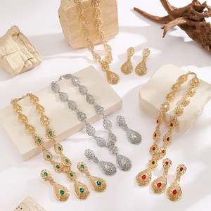 Parure de bijoux de mariée traditionnelle de luxe en plaqué or turquoise, motif goutte d'eau, pour femmes algériennes - Product Image 1