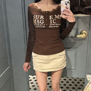 Letter Print Lace Crewneck Long Sleeve Top Button Front Slim Fit Spring Autumn Vintage Versatile Layering Casual Top - Product Image 4