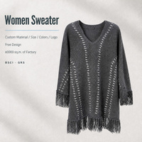 Usine certifiée BSCI, pull en maille à col en V pour femme, 90% laine, 10% cachemire, gris, à franges, manches longues