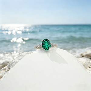 S925 <b>Silver</b> Created <b>Emerald</b> <b>Ring</b> 3.33g Oval Cut Lab-Grown Green Gemstone Halo Engagement Band Elegant Fine Jewelry Gift V - Product Image 5