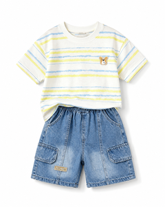 Ensemble d'été pour garçons : T-shirt rayé et short cargo en jean de coton <span class=keywords><strong>bleu</strong></span> délavé avec patch ours, tenues mignonnes pour enfants - Product Image 1