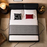 Lit moderne écologique en cuir noir rembourré avec tête de lit capitonnée et design plateforme