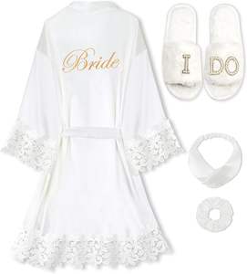 Conjunto de 4 Piezas de <span class=keywords><strong>Bata</strong></span> de <span class=keywords><strong>Novia</strong></span> para el Día de la Boda, <span class=keywords><strong>Bata</strong></span> de <span class=keywords><strong>Novia</strong></span> con Pantuflas, Ribete de Encaje, <span class=keywords><strong>Bata</strong></span> de <span class=keywords><strong>Novia</strong></span> para Despedida de Soltera - Product Image 5
