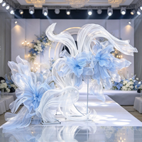 Y-057 Bunga Organza Raksasa Biru Muda & Putih, Karya Seni Floral Kain Tipis Buatan Tangan untuk Latar Belakang Panggung Pernikahan