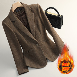 Women's Wool Blazer Brown Herringbone Slim Fit Full Sleeve Warm Jacket Autumn Winter Style - Product Image 1