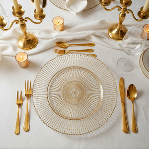 Vaisselle en <span class=keywords><strong>verre</strong></span> SONYA en gros, assiettes de présentation vintage transparentes de 13 pouces avec bordure dorée pour mariages et événements - Product Image 6