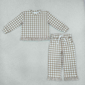 Conjuntos de 2 piezas de pantalones y blusas a cuadros de manga larga para niñas, conjuntos con dobladillo con volantes - Product Image 6