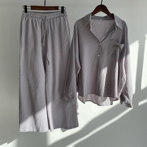 Nuovi arrivi 2 pezzi retrò da <span class=keywords><strong>donna</strong></span> per pantaloni lunghi larghi taglie forti a vita alta e <span class=keywords><strong>camicia</strong></span> di <span class=keywords><strong>lino</strong></span> di cotone per l'estate - Product Image 2
