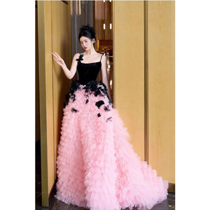 S2675L nuova moda francese di vendita calda con bretelle rosa nero Splicing elegante abito da sera di alta qualità - Product Image 1